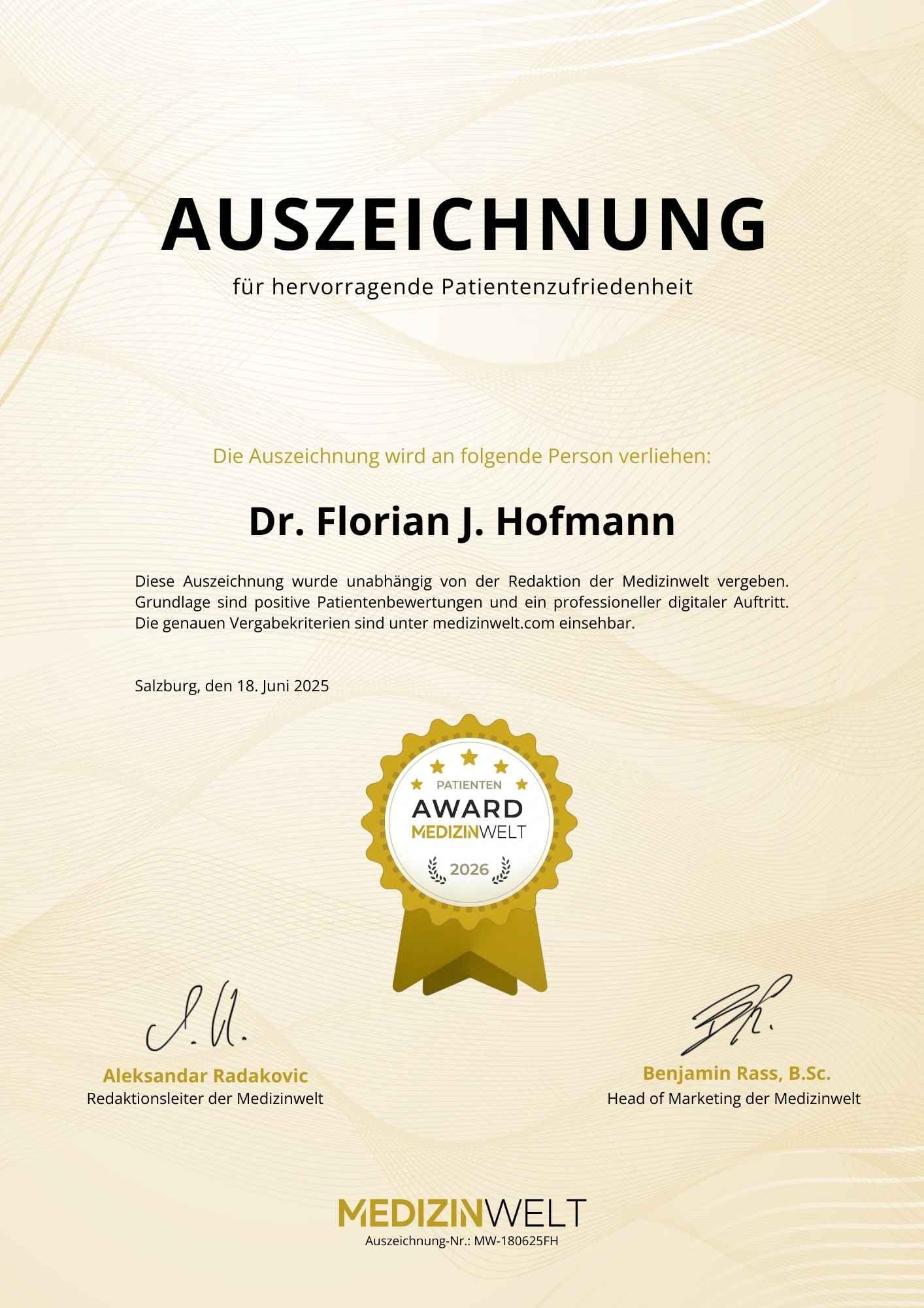 Medizinwelt Auszeichnung für Dr. Florian J. Hofmann